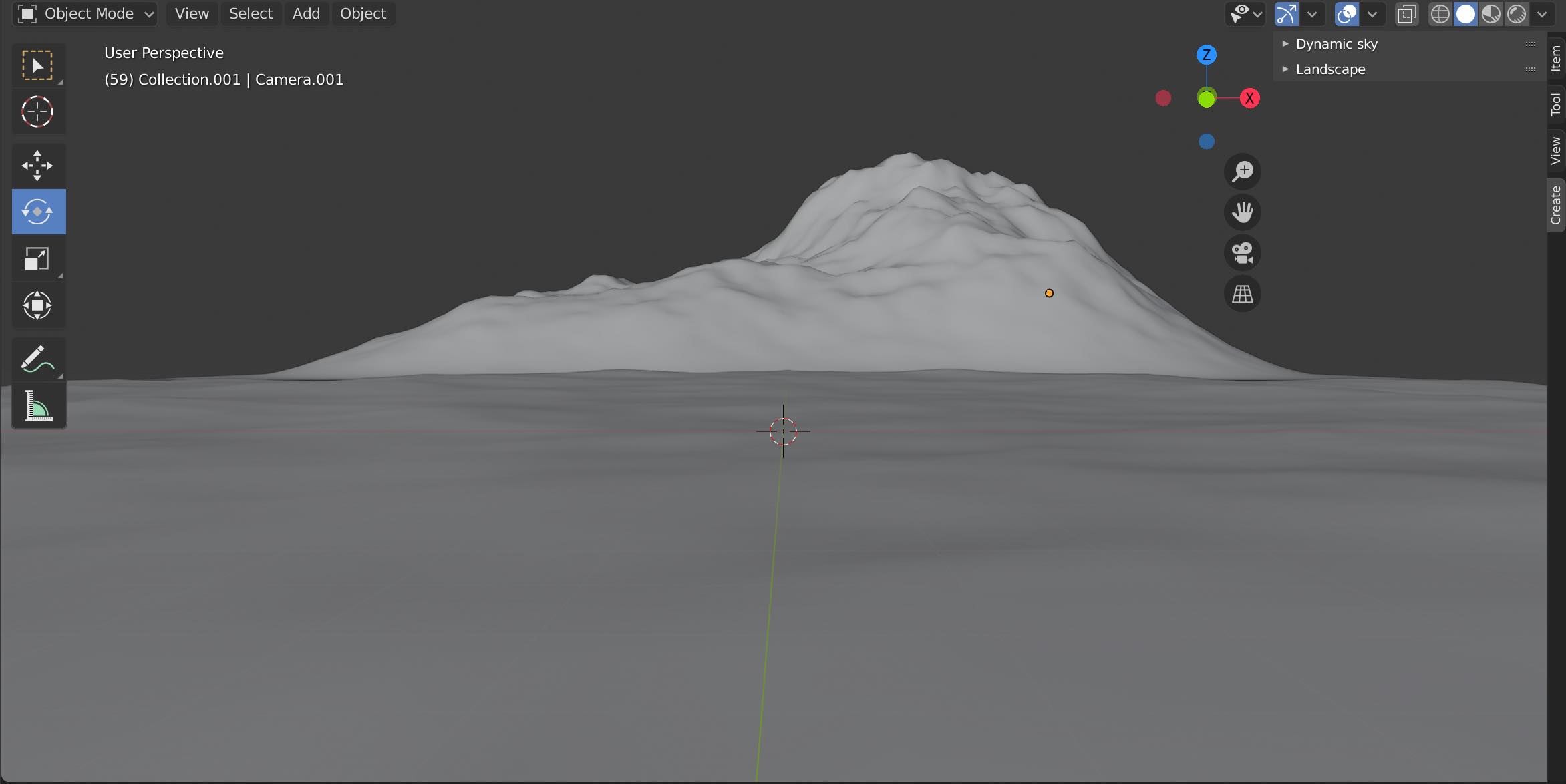 The Blender viewport with ocean and mountain in view.